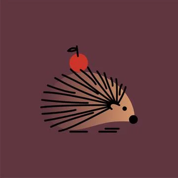 Hedgehog with cherry. Vector composition in outline style Stock Illustration