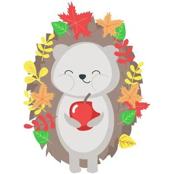 Hedgehog in leaves eating apple vector flat icon Stock Illustration