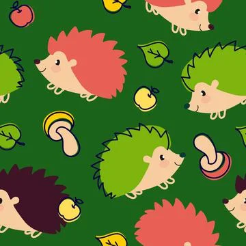 Hedgehog pattern cheerful on a green background For use in printing on fabric Stock Illustration