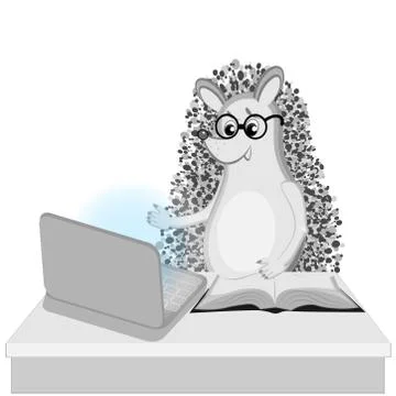 A hedgehog sits at a table on which stands a turned-on laptop and lies an ope Stock Illustration