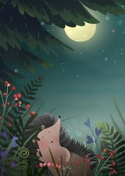 Hedgehog sleeping at night under the pine tree Stock Illustration