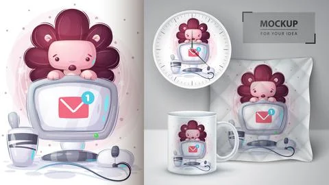 Hedgehog works at the computer poster and merchandising. Stock Illustration