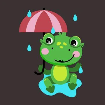 ?heerful cute Frog is sitting under an umbrella. Isolated vector illustration Illustrazione stock