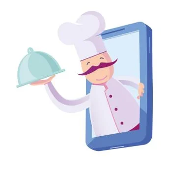 ?hef character Presents Dish for Client from smartphone. Food Delivery Stockillustratie