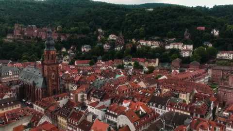 Heidelberg Old Town Drone Pullback Over Church and Hills Stock-Footage 321680472
