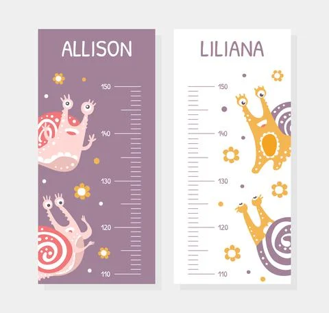 Height Chart with Cute Snail Character as Gastropod with Coiled Shell Vector イラスト素材