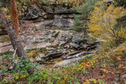 Height view of the riverbed of the Eresma river between rocks. segovia commun Stock Photos