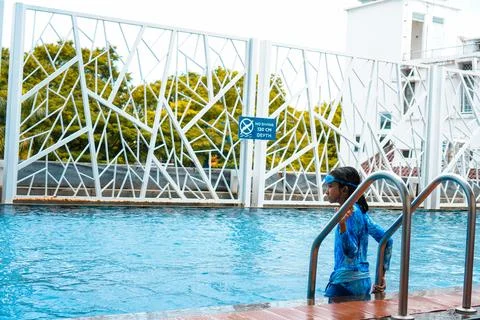 Height warning sign in pool. Warning not to swim under 120 cm Stock Photos