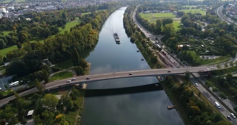 Heilbronn, Germany. Flying copter over the famous Erwin-Fuchs bridge across Stock Footage 87553197