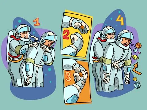 Heimlich maneuver, saving someone choking on food. An astronaut helps a Stock Illustration