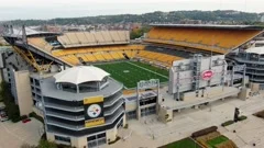 Aerial Shot of Downtown Pittsburgh, Highmark Stadium, and Heinz Field Stock  Video