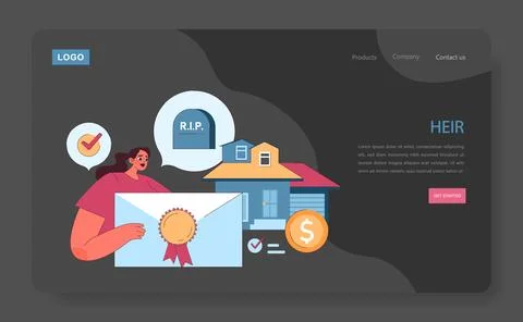 Heir dark or night mode web, landing. A woman is depicted with a certificate Stock Illustration
