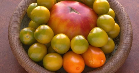 Heirloom tomatoes variety bundle rotating on ceramic plate. Stock Footage 345006826