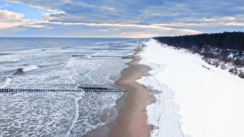 Hel peninsula covered by snow, Baltic Sea in winter Stock Footage 219012953