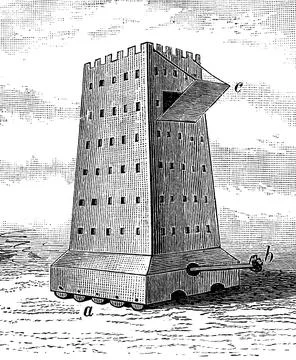 Helepole or wall tower, 350 BC, with battering ram and drawbridge, siege tower, Ilustración de archivo