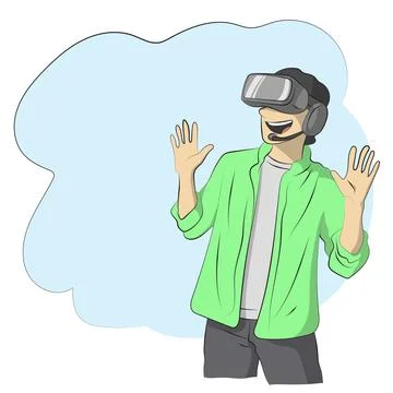 Helf length of man using vr glasses on blue blank space illustration vector Stock Illustration