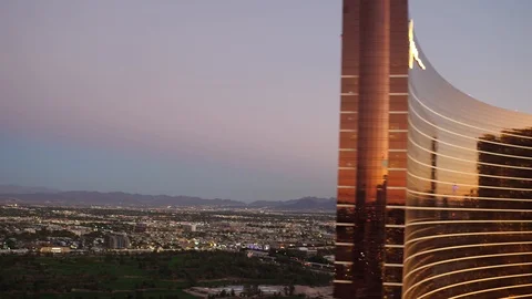 Helicopter Arial from center of Las Vegas strip, Wynn, Pallazo fly by. Stock Footage