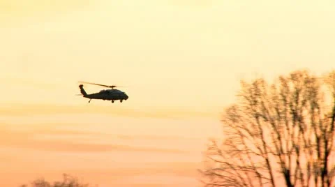 Helicopter behind trees at sunset Vidéo 10819026