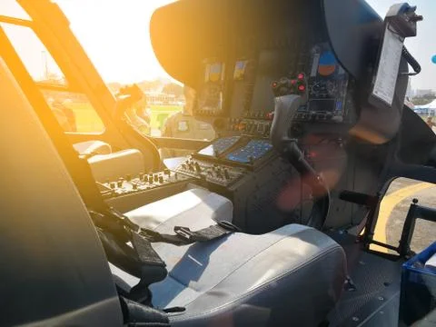 Helicopter cockpit with control panels Stock Photos