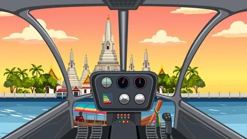 Helicopter Cockpit View of Buddhist Temple and River at Sunset Stock Illustration