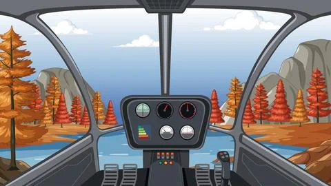 Helicopter Cockpit View Flying Over Autumn Forest and Mountain Landscape Ilustração Stock