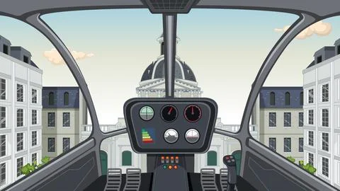 Helicopter Cockpit View Flying Over European City Buildings Vector Illustrati Stock Illustration