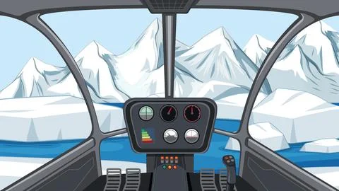 Helicopter Cockpit View Flying Over Snowy Arctic Mountains and Icebergs Illustrazione stock