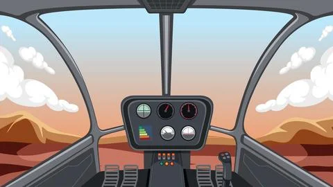 Helicopter Cockpit View Vector Illustration Over Mountain Landscape Stock Illustration