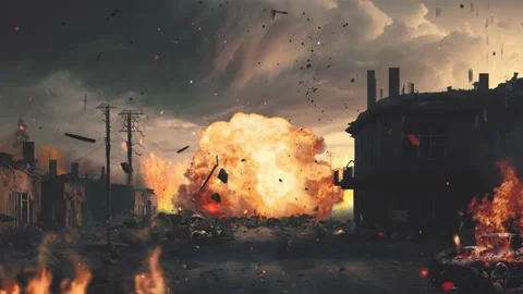 Helicopter crashed in the ruined city. War concept video. Stock Footage 230359440