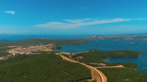 Helicopter ( drone, quadcopter ) flies over coastal landscape Stock Footage 92201870