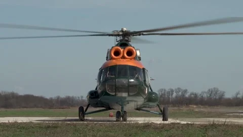 Helicopter engines Mi-8 (NATO: Hip)rotate main and tail rotor blades. Stock Footage 139398841