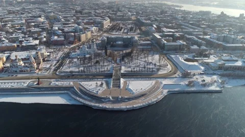 Helicopter epic winter snow-covered Irkutsk main center embankment cityscape 4k  Stock Footage 166946895