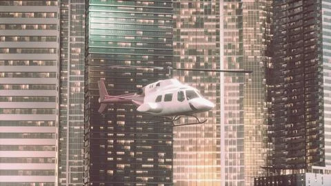 Helicopter flies through center of big city Stock Illustration