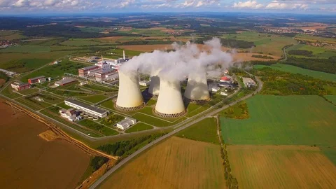 Helicopter flight around to nuclear power plant. Stock Footage 116985779