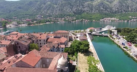 Helicopter flight over the old town of Kotor Stock Footage 107795569