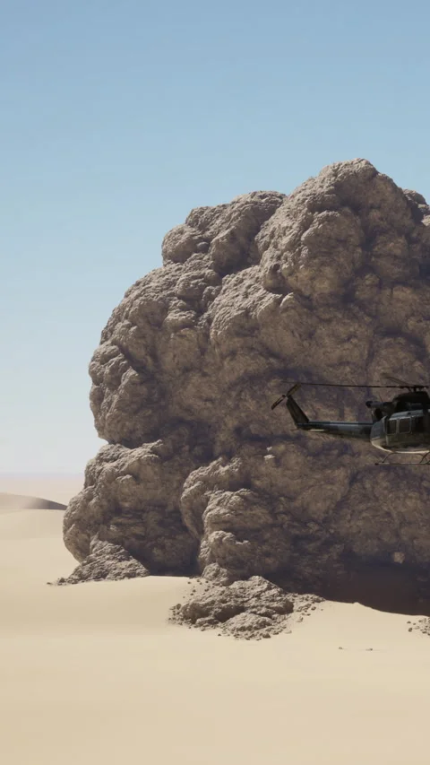 Helicopter flying near dust cloud in desert environment Stock Footage 340277468
