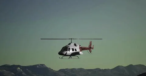 Helicopter flying over mountains during sunset with clear sky Ilustração Stock