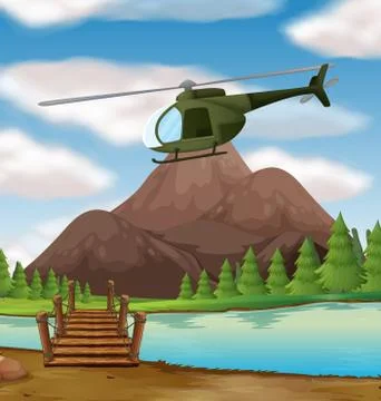 Helicopter flying over the river Ilustração Stock