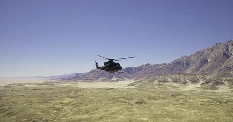 Helicopter flying over rugged mountains in a clear desert landscape Ilustração Stock