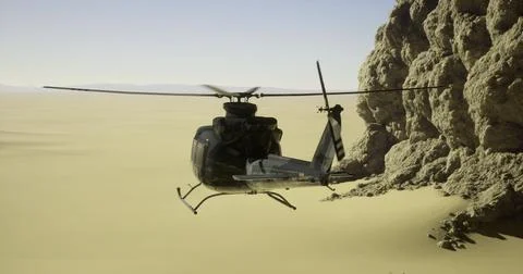 Helicopter flying over sandy desert landscape near rocky formation Stock Illustration