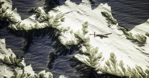 Helicopter flying over snow covered mountain landscape in winter Ilustração Stock