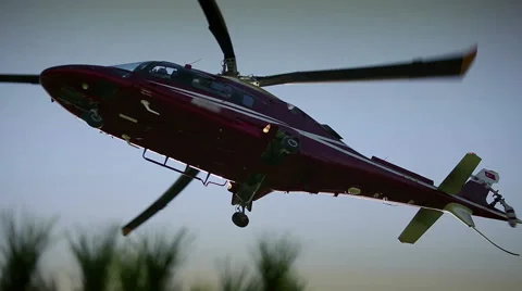 Helicopter flying in the sky tree in the foreground. Close up Stock Footage 43266080