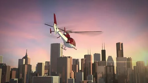 Helicopter flying into the sunset with a city in the background. Stock Footage 10911327