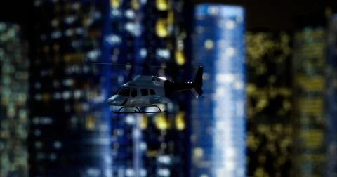 Helicopter hovering over a city skyline at night with illuminated buildings Ilustração Stock