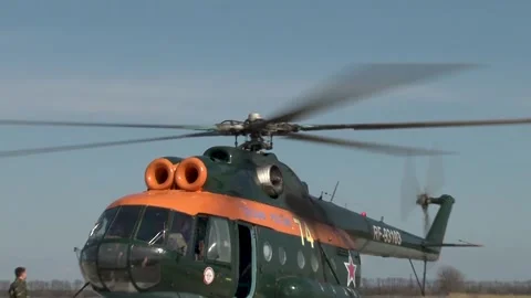 Helicopter Mi-8 (Hip) engines rotate rotor blades and tail rotor blades. Stock Footage 139398736