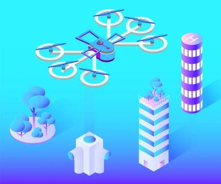Helicopter or Drone Flying Over Skyscrapers Vector Ilustração Stock