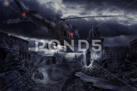 Helicopter over ruined city during storm Stock Illustration