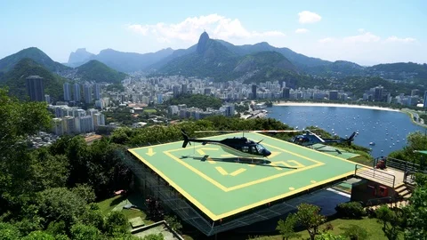 Helicopter parked with a beautiful panoramic view of Rio de Janeiro, Brazil Stock Footage 125056002
