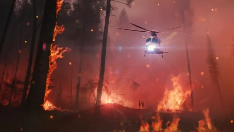 A helicopter picks up firefighter from fire in the forest, Silhouettes of two Stock Footage 253552767