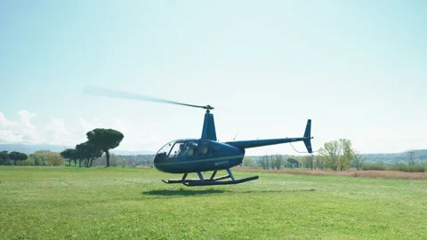 Helicopter with pilot and passengers inside landing on private airfield Vídeos de archivo 263919635